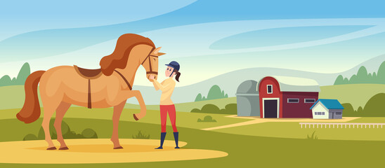 Equestrian background. Domestic horse and rides kids and parents equestrian training hall exact vector cartoon illustratiion