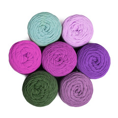 Colorful macrame yarns isolated on white background. Flat lay of natural cotton macrame yarn rolls