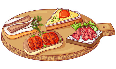 Vector cartoon illustration of sandwiches on a cutting board isolated on white background. Delicious breakfast sandwiches. Food Icon. Design for cookbook, restaurant business.