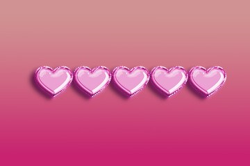 Pink inflated heart icons on red to pink gradient background. Valentines and social media likes concept.