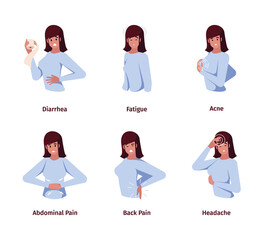 Premenstrual syndrome. Sensitive menstruation cycles woman emotions face constipation bloating diarrhea female periods garish vector flat colored illustrations