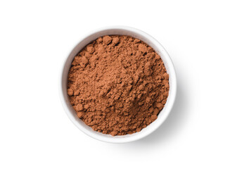 Top view of Cocoa powder in white bowl isolated on white background. Clipping path