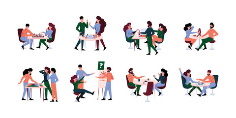 Fun board games. Happy adults and kids playing at board games chess latto gaming dice poker garish vector flat people