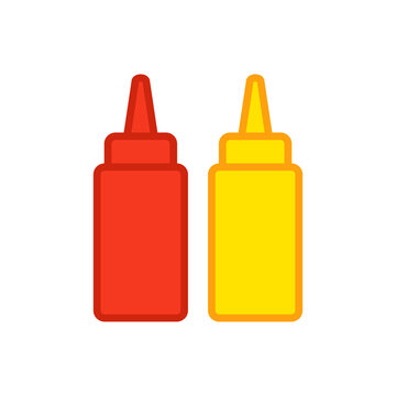 Botes de salsa mostaza y ketchup. Salsa picante envasada en botella de plástico. Icono plano con lineas en color amarillo y color rojo