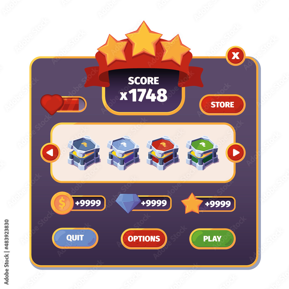 Poster Ui game interface. Interactive frames for choice fantasy boxes in cartoon stylized style game props garish vector web buttons with place for text