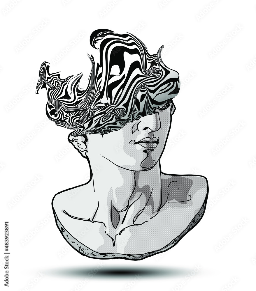 Poster vector hand drawn illustration of classical sculpture fragment of colossal head with abstract waving