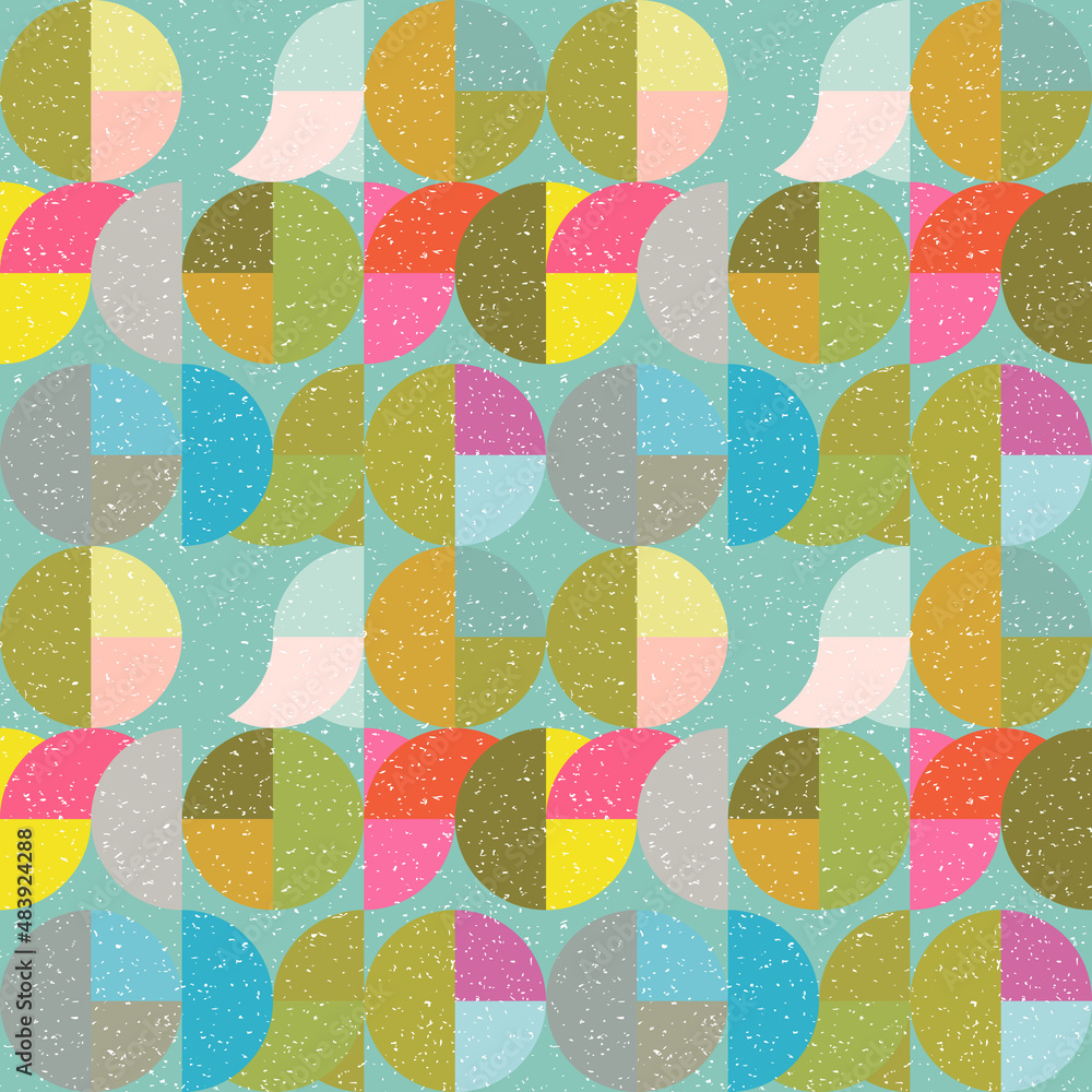 Poster Modern vector abstract seamless geometric pattern with semicircles and circles in retro scandinavian style. Pastel colored colorful shapes with worn out texture .
