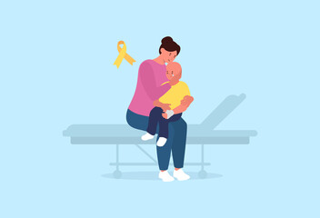Sad Mother hugs his ill child. Hospital bed. Chilhood cancer. Vector