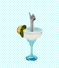 Contemporary art collage, modern design. Party mood. Female hand stick out of cocktail glass and...