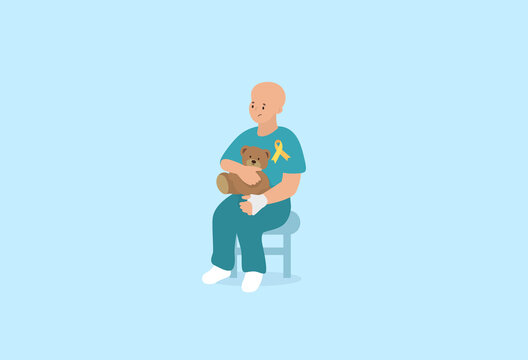 Weak, Sad And Lonely Boy Sitting With A Toy. Childhood Cancer Illustration. Vector