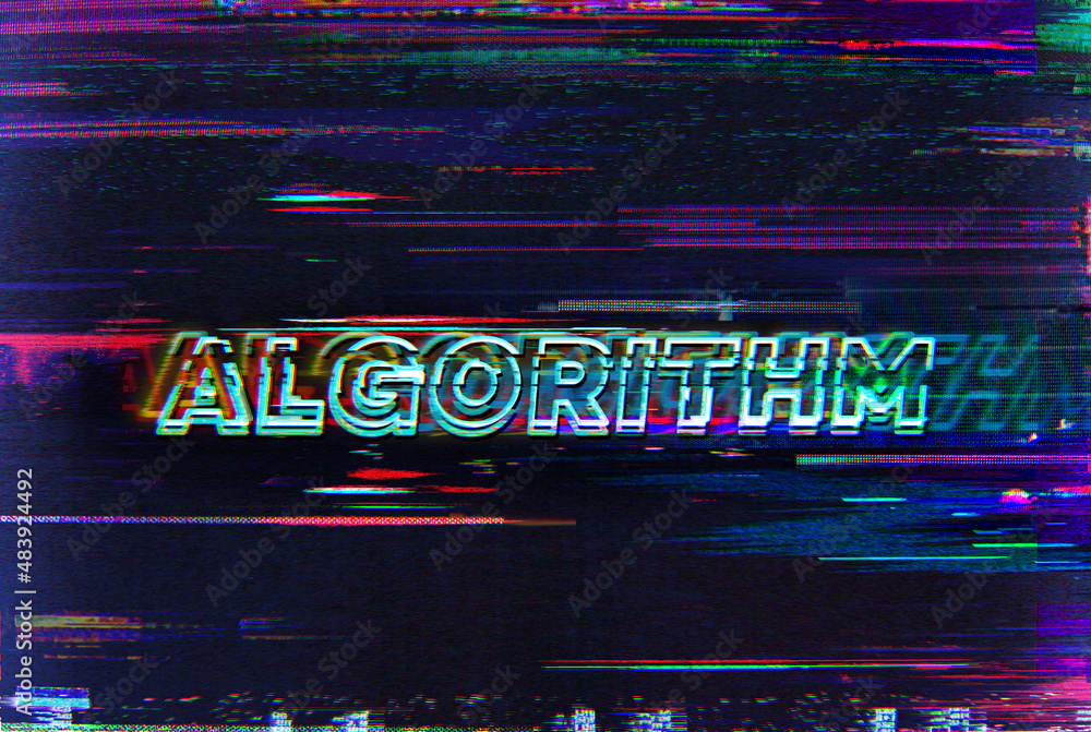 Poster algorithm. glitch art corrupted graphics typography illustration in retro style of vintage tv screen