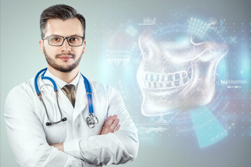 Medical poster, human skull anatomy, jaw x-ray, teeth snapshot. The doctor looks at the x-ray...