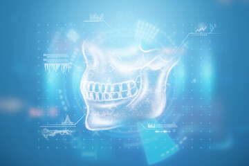 Medical poster, human skull anatomy, jaw x-ray, teeth snapshot. Copy space, 3D illustration, 3D render.