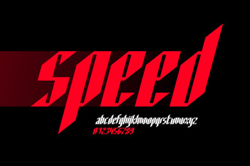 Speed style lowercase font, alphabet letters and numbers vector illustration