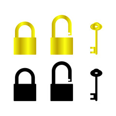 Set of padlock and key icons for illustration element. Opened and closed lock icon set with the key