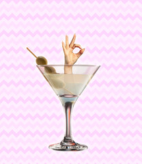 Contemporary art collage, modern design. Party mood. Female hand stick out of cocktail glass and gesturing isolated on light background