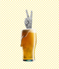 Contemporary art collage, modern design. Beer festival. Human hand stick out of frothy beer glass and gesturing isolated on light background