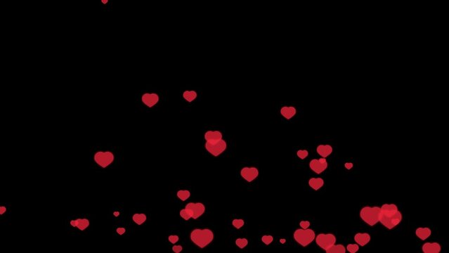  Flat red hearts flying from bottom to top over black background with alpha channel, luma matte. Happy Valentines Day isolated backgorund. High quality 4k footage