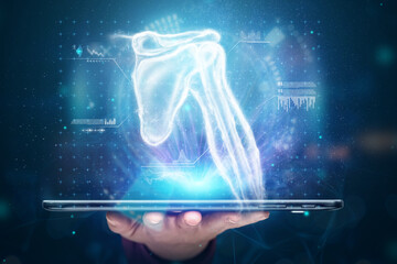 Medical poster, human body anatomy, shoulder joint x-ray, bones hologram. The doctor looks at the patient's x-ray hologram. Surgery, modern medicine, technology.