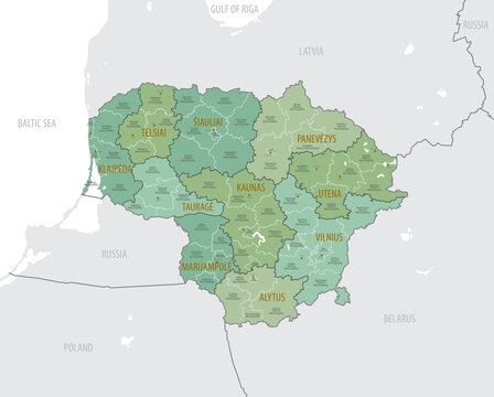 Detailed map of Lithuania, with administrative divisions into Counties and municipalities, major cities of the country, vector illustration onwhite background