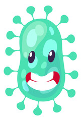 Green virus cell. Evil microbe with cartoon face