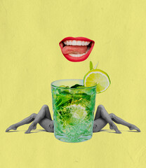 Huge mojito cocktail glass and female slender legs and open mouth isolated on yellow background....