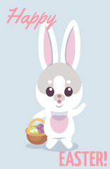 Happy Easter card. Cute bunny holding gift basket with eggs