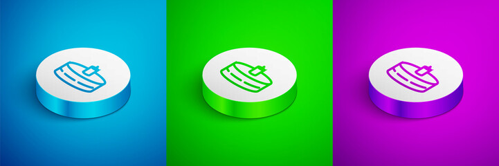 Isometric line Cake with burning candles icon isolated on blue, green and purple background. Happy Birthday. White circle button. Vector