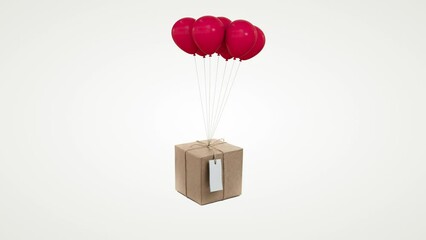 Gift box with attached to a bunch of balloons flies up from the bottom over white background with alfa channel, luma matte. High quality 4k footage