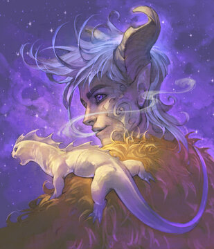 My original fantasy illustration of a fairy character fawn with a little dragon as a pet