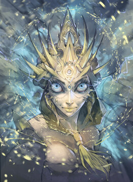 Original digital art of a surreal beautiful female portrait wearing a crown