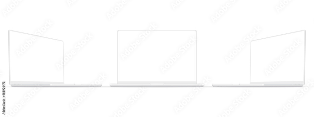 Poster set of clay laptop computers with blank screens, isolated on white background, front and side view. 
