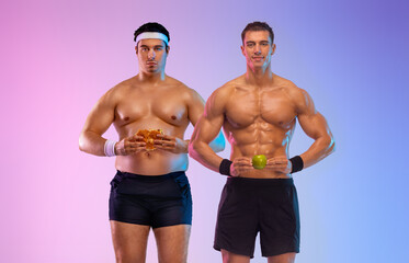 You are what you eat. Fat guy change a burger for an apple at an athlete. Awesome Before and After...