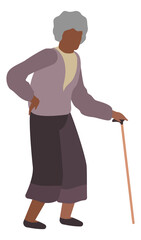 Old woman standing with walking cane. Elderly person character