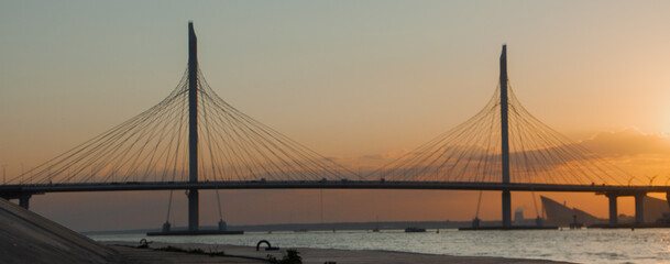 beautiful cable-stayed bridge at sunset