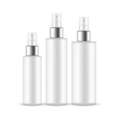 Plastic Spray Bottles Mockups With Metal Cap, Isolated on White Background. Vector Illustration