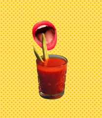Open female mouth tasting bloody mary cocktail isolated on light yellow background. Trendy colors. Pop art, retro style. Concept of drinks, taste, party.