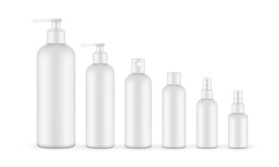 Set of Blank Packaging of Cosmetic Products, Pump, Spray, Shampoo Bottles, Isolated on White Background. Vector Illustration