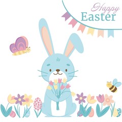Greeting card Happy Easter text with Easter bunny rabbit spring flowers, colorful eggs, butterfly and bee. Vector illustration.