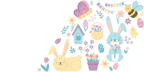 Bunner with Easter design elements, cartoon characters and floral elements. Bunny, chicken, butterfly, eggs and flowers. Vector illustration.