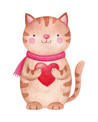 Cute watercolor cat with red heart. Happy Valentine's Day card.