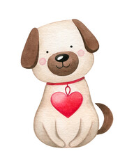 Cute watercolor dog in a collar with a red heart. Happy Valentine's Day card.