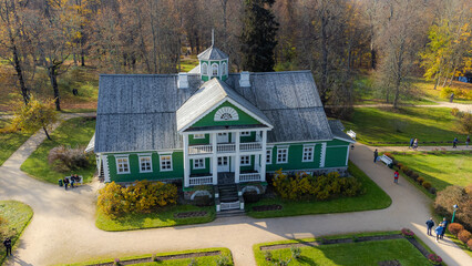 Drone shot over manor in Pushkin mountains. High quality - obrazy, fototapety, plakaty