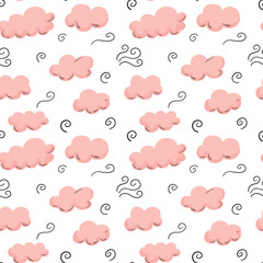 Pink doodle clouds seamless pattern with black outline swirls.