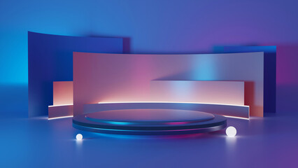 Modern Empty Stage Reflective Room With Purple And Blue Glowing Neon Tubes Shape Empty Space. 3d rendering