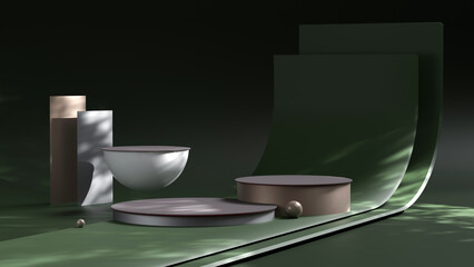 Podium for packaging presentation and cosmetic, shadow on wall. Product display with natural light, realistic rendering. 3d illustration.