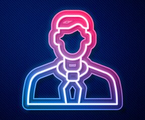 Glowing neon line Worker icon isolated on blue background. Business avatar symbol user profile icon. Male user sign. Vector