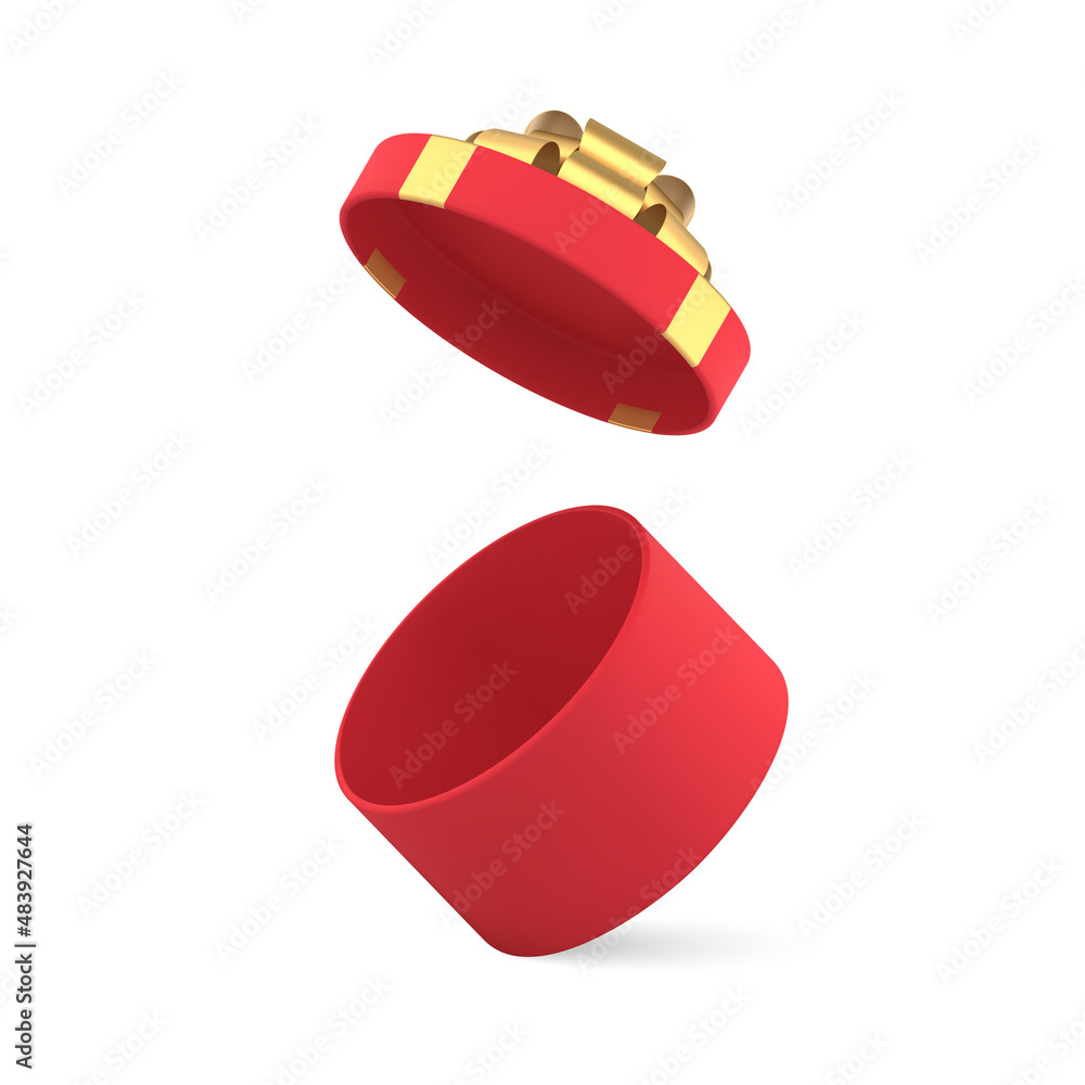 Poster realistic empty wrapped red circled gift box with open cap for surprise storage carrying 3d vector