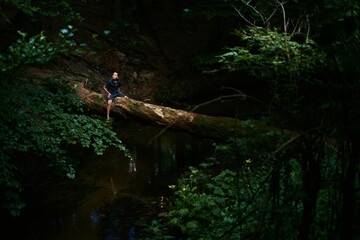 child in the forest sitting on the tree
