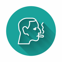 White line Man smoking a cigarette icon isolated with long shadow background. Tobacco sign. Green circle button. Vector